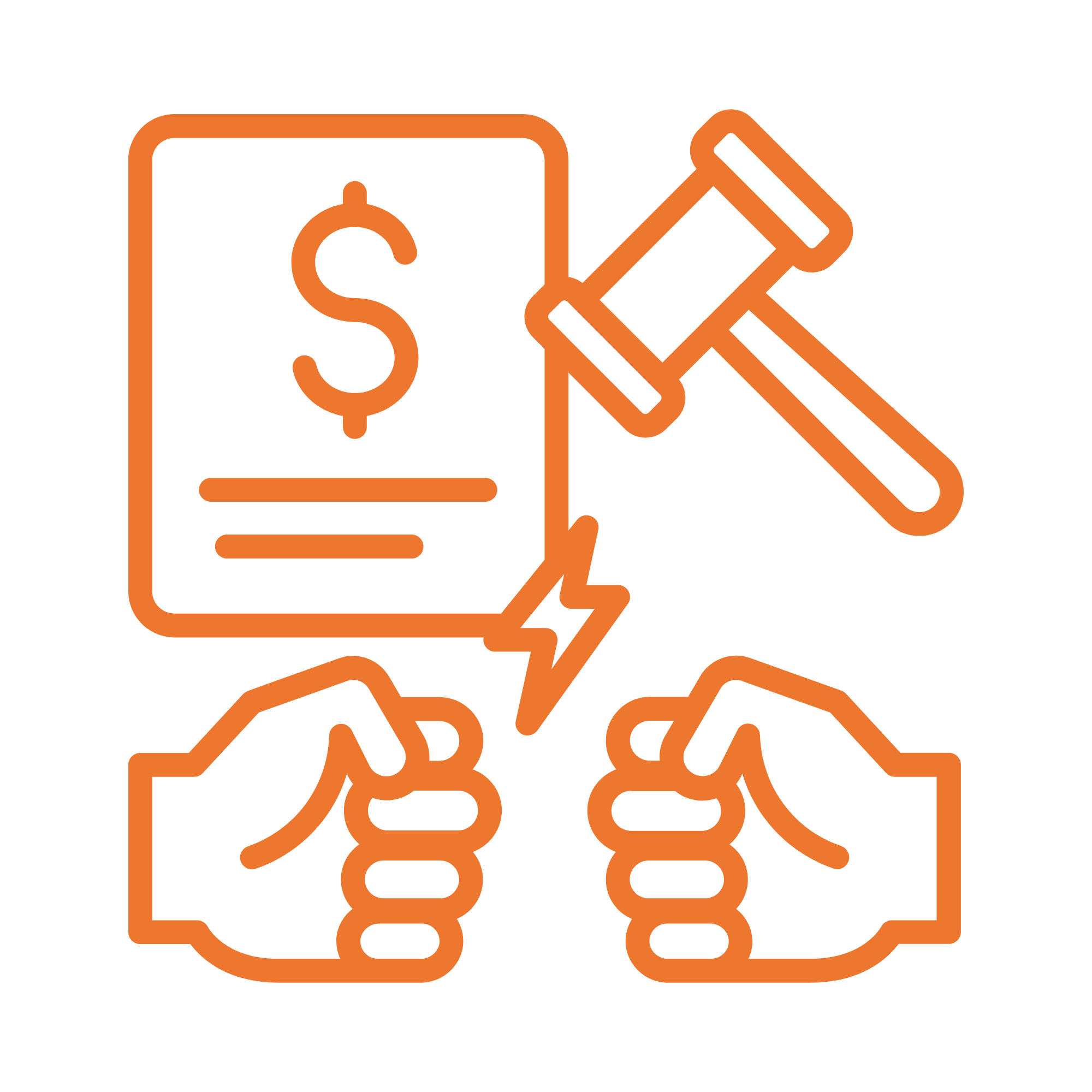 icon representing business and partnership disputes subpractice; two fists over a contract and a mallet